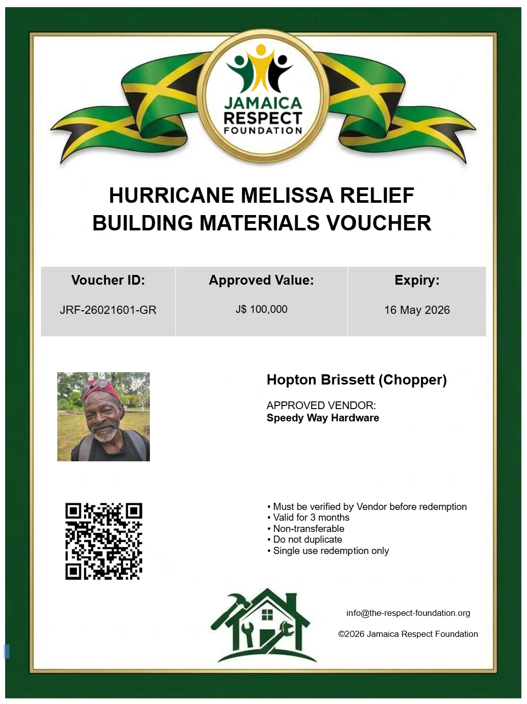 JRF Building Materials Voucher - Sample