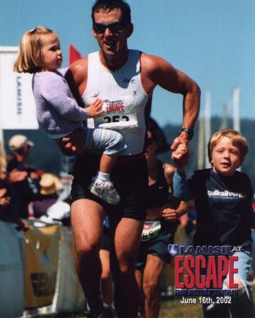 Scott Cathcart with his children at the Escape from Alcatraz Triathlon finish, Father's Day 2002