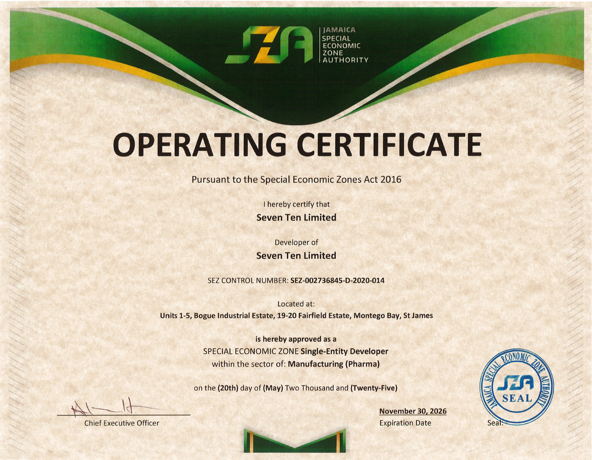 Seven-10 Pharmaceuticals Special Economic Zone operating certificate — Jamaica SEZ Authority